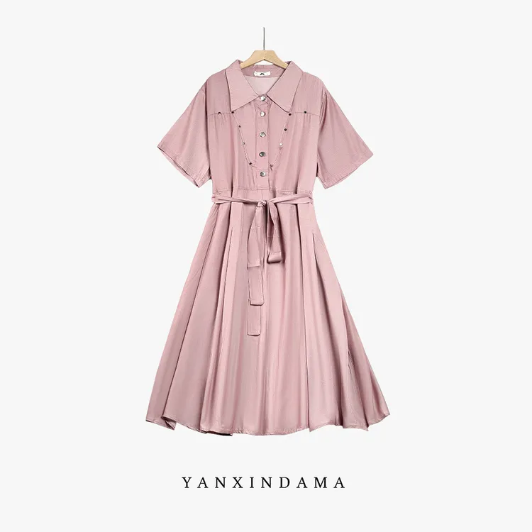 【岩心】大码女装300斤胖MM气质显瘦粉色高级感轻熟短袖连衣裙66320