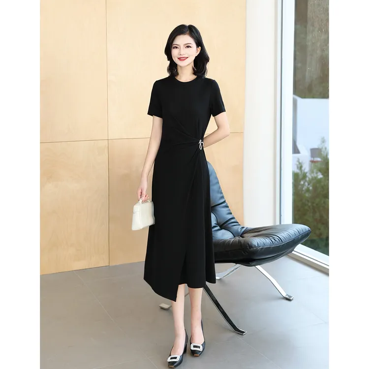 阿楠anan圆领收腰弹力捏褶纽扣不规则下摆气质小黑裙女夏季连衣裙
