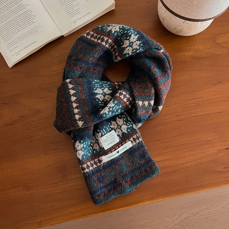 费尔岛针织提花围巾秋冬季新款高级加厚保暖复古围脖混纺针织围巾