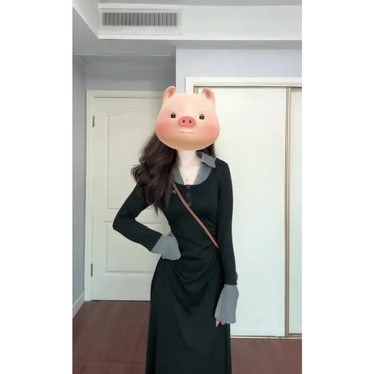 法式复古拼接连衣裙女2025秋冬假两件收腰显瘦打底内搭长裙8320