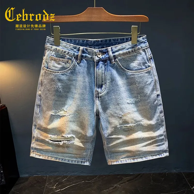 法国Cebrodz五分牛仔裤浅蓝色复古男宽松做旧破洞短裤夏季新款男