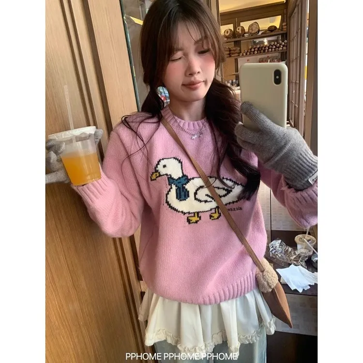韩系风卡通提花鸭子简约套头毛衣秋冬新款圆领百搭针织套头衫上衣