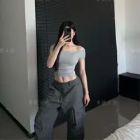 拿铁女孩一字肩斜肩短袖T恤女夏季露肩螺纹弹力性感辣妹短款百搭