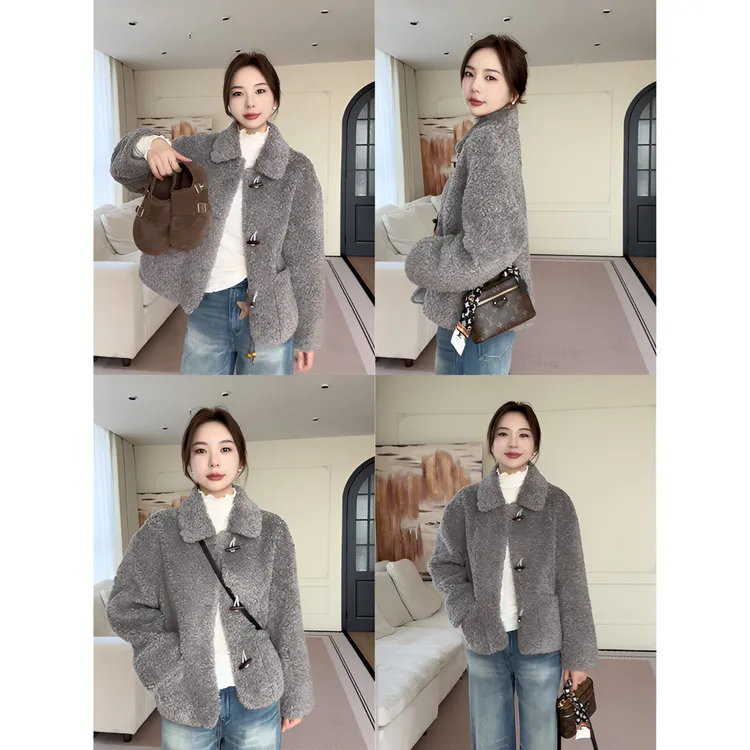 【余欢欢】冬季时尚百搭简约小翻领木扣毛毛外套-YHW51007