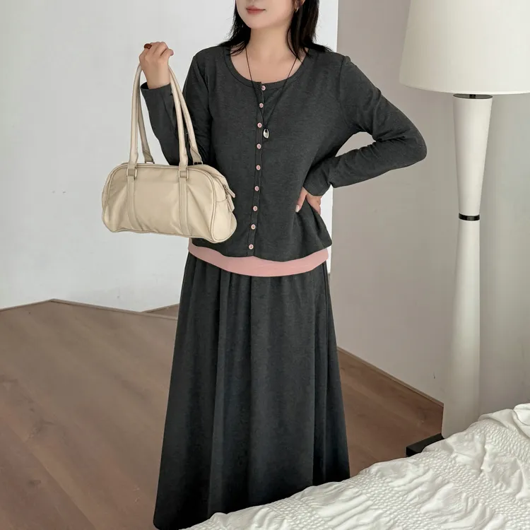 2025秋季新款韩系休闲撞色三件套大码女装长袖开衫吊带高腰半身裙