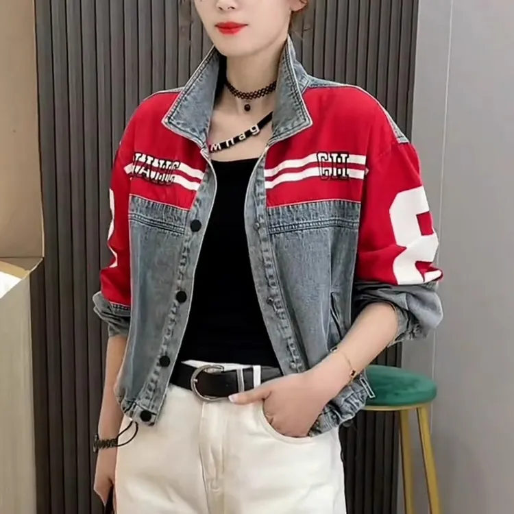 复古撞色牛仔夹克外套女2025新款欧货时髦宽松外搭设计感工装上衣