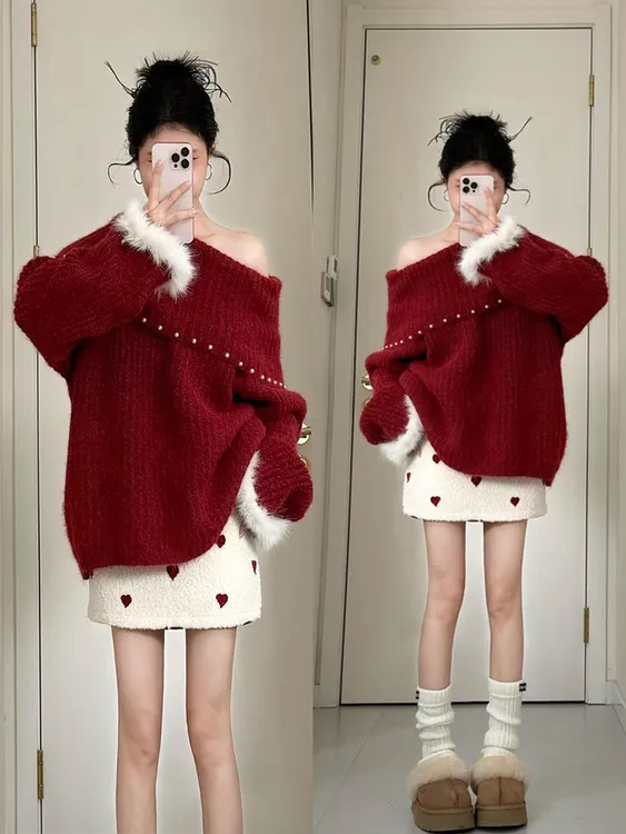 秋冬穿搭一整套韩系温柔风斜肩红色针织上衣高腰爱心半身裙两件套