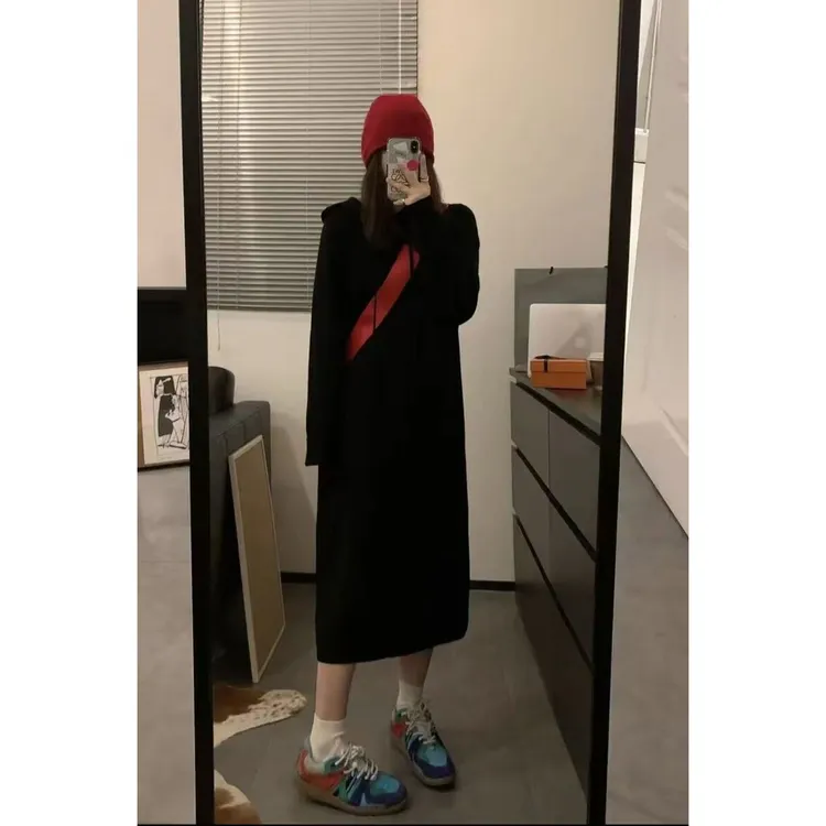 1614大码女装针织宽松腰秋季新款休闲连衣裙连帽秋冬长袖毛衣裙