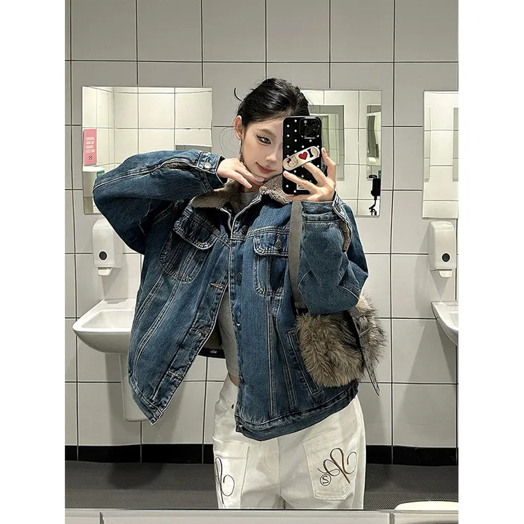 爆爆糖美式复古翻领牛仔外套座山雕cleanfit廓形加绒短款百搭夹克