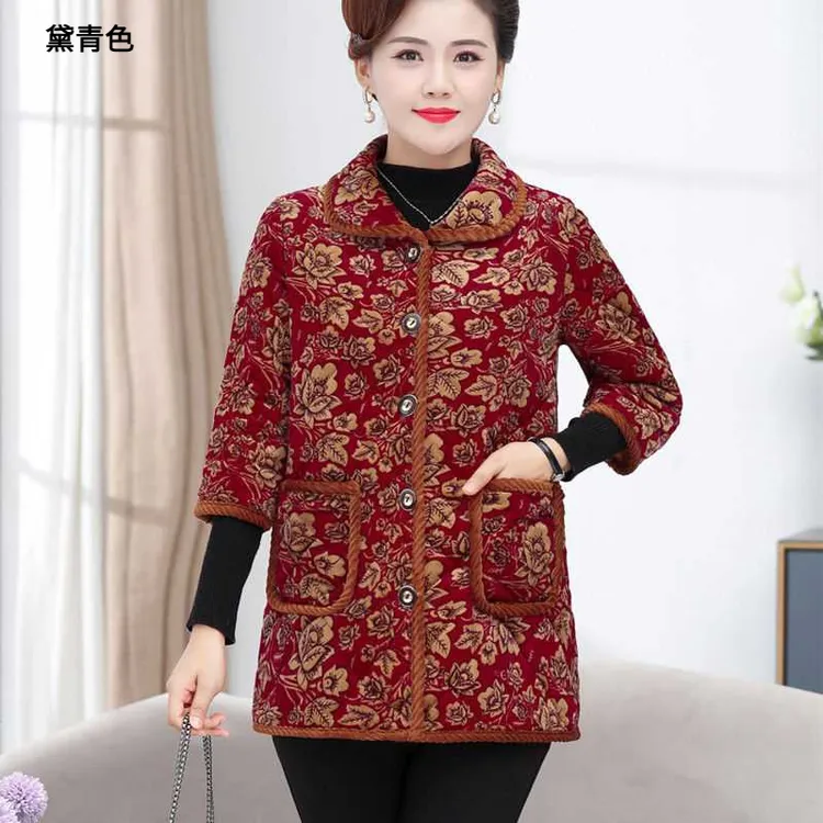 加肥加大妈妈七分袖加绒印花马甲中老年女中袖大码棉衣半袖坎肩新