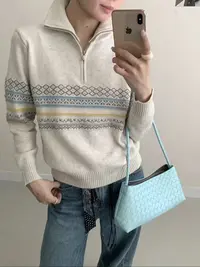 高领拉链休闲费尔岛宽松套头针织衫