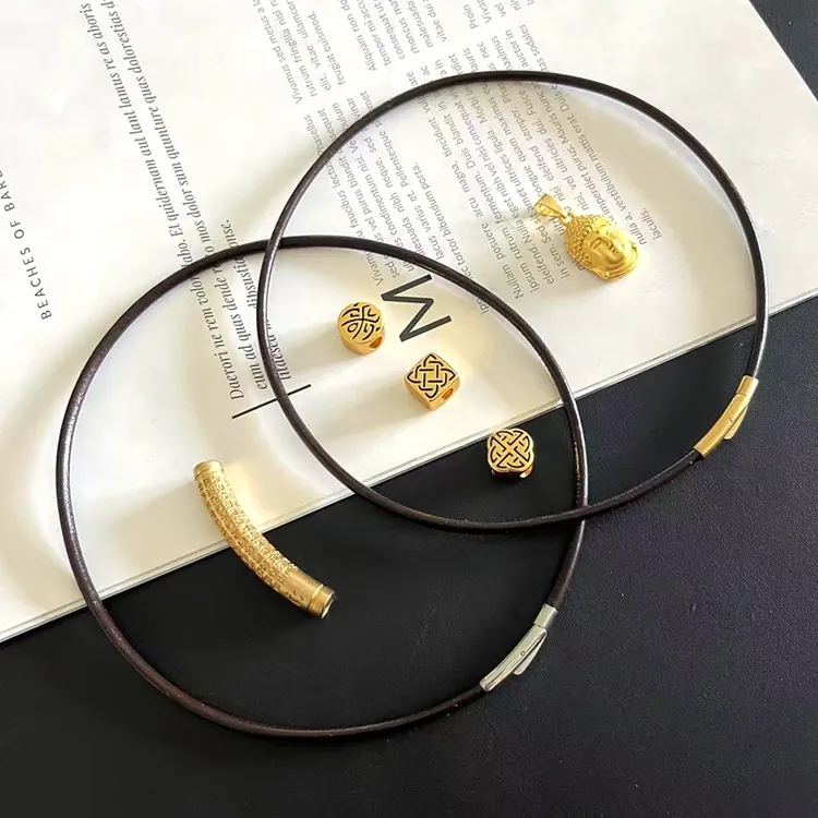 钛钢皮质项链 牛皮绳黑色心经管横穿吊坠挂绳转运珠锁骨绳项链绳