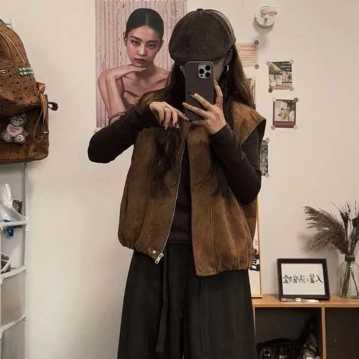 韩版麂皮圆领新款马甲秋季可爱时尚高级感时髦洋气宽松百搭叠夹潮