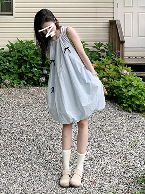 夏季小个子蓬蓬连衣裙法式甜美风无袖花苞短裙2025新款法式绝美裙