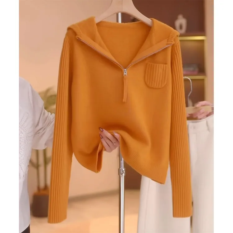 简约风半拉链连帽针织衫女2025秋冬新款休闲时尚宽松显瘦套头毛衣