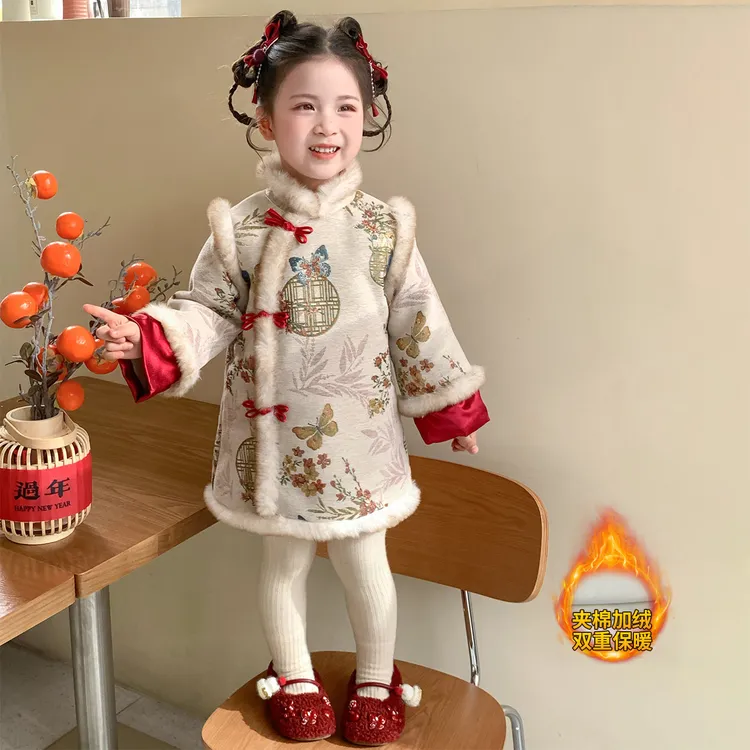 女童汉服树叶圆圈旗袍裙2026新款儿童冬装女宝宝洋气夹棉年服裙潮