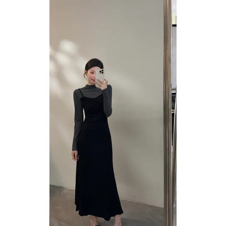 【颂宋】秋季法式假两件半高领长袖针织连衣裙显瘦气质长裙DT1567