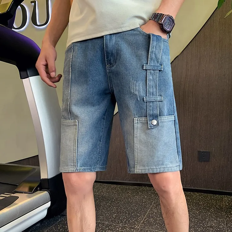 新款夏季美式牛仔短裤男拼接宽松休闲裤百搭潮流中裤时尚男五分裤