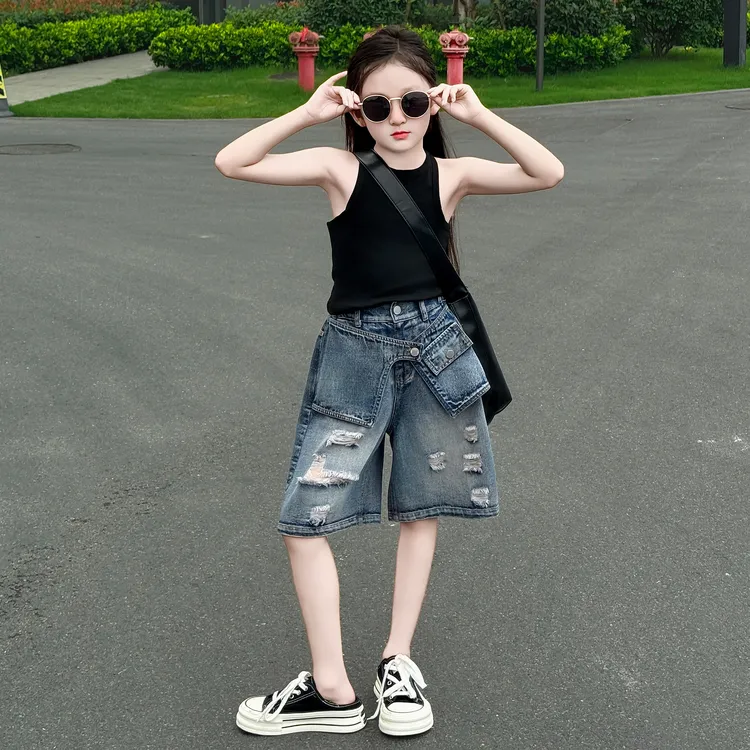女童2025夏季新款薄款休闲美式背心设计感封腰高级感牛仔中裤套装