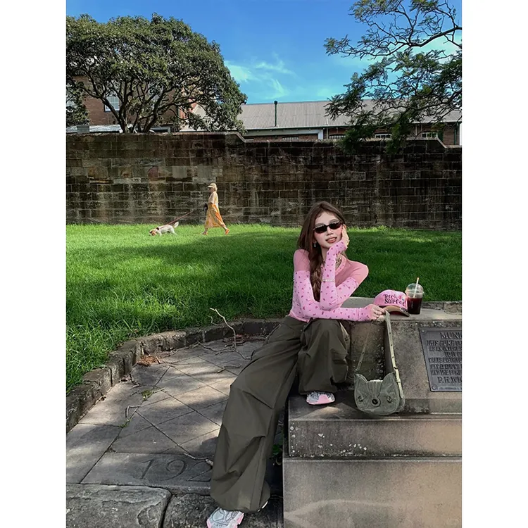 甜美粉色碎花长袖T恤春季蝴蝶结蕾丝拼接打底衫复古高腰休闲长裤