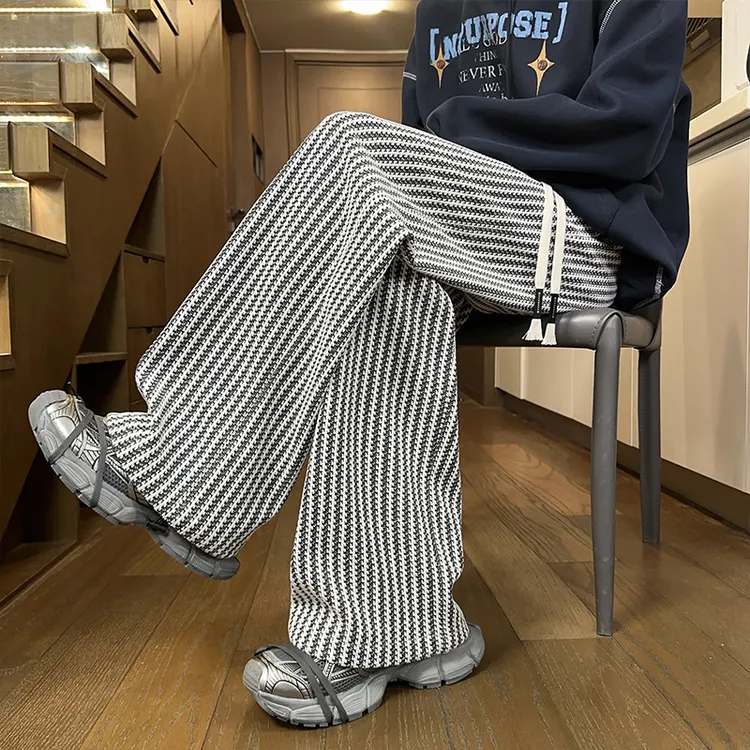 黑白条纹裤子男春秋潮牌潮流美式直筒休闲裤宽松慵懒松弛感阔腿裤
