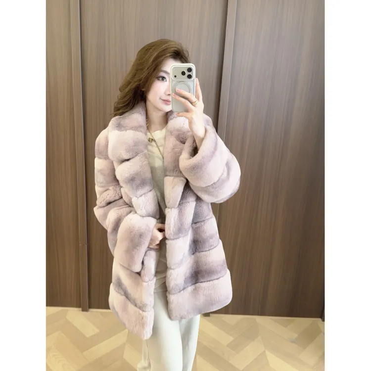 【黛露紫】丝绒青紫蓝兔皮毛一体中长款西装领皮草外套#YTXNT17-1