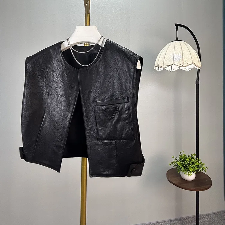 海宁真皮休闲马甲女抓皱工艺潮流时尚百搭极简风坎肩无袖外套