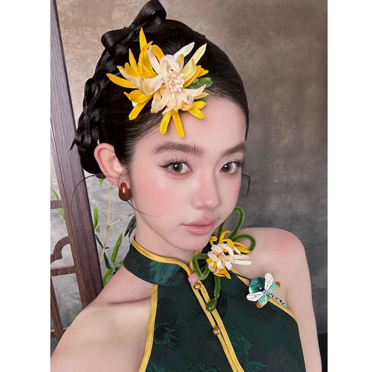 锌合金婚庆饰品 U2517新中式绝美黄色仿真花朵发夹日常新娘头饰