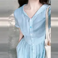 法式蓝色衬衫连衣裙子女装夏季2025高级感小个子收腰气质长裙3580