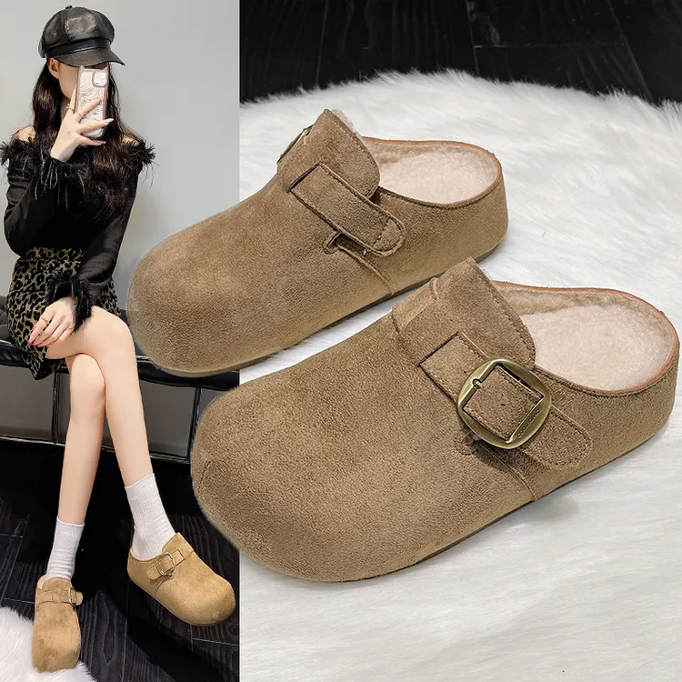 冬季加绒厚底增高5cm勃肯鞋女包头拖鞋百搭保暖休闲棉拖半拖毛拖