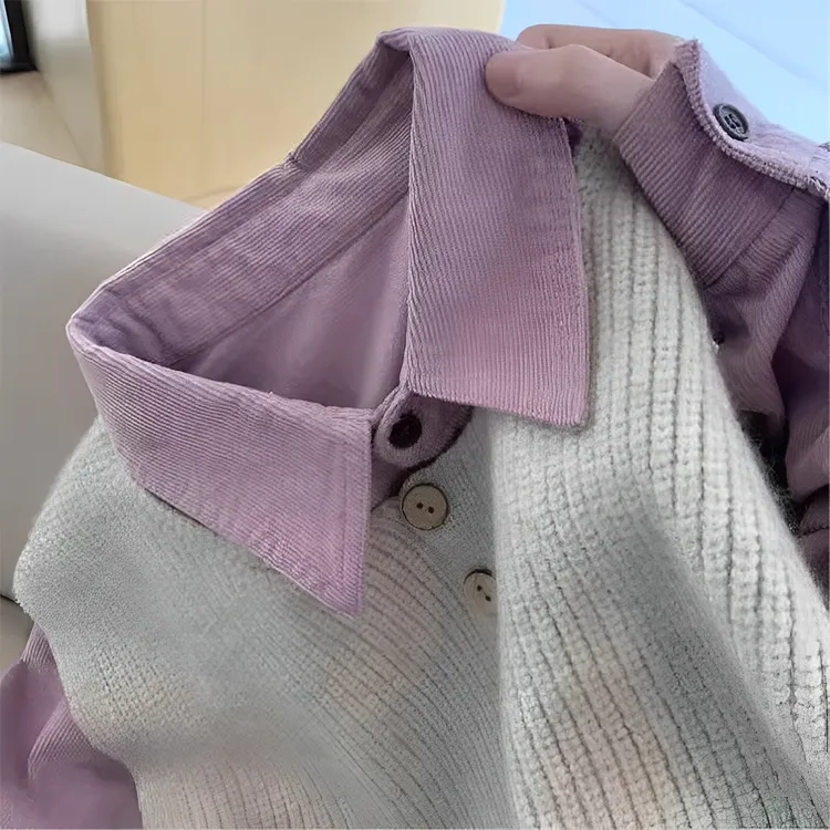 2025春秋新款女士高级感温柔减龄休闲紫色灯芯绒衬衫针织马甲套装