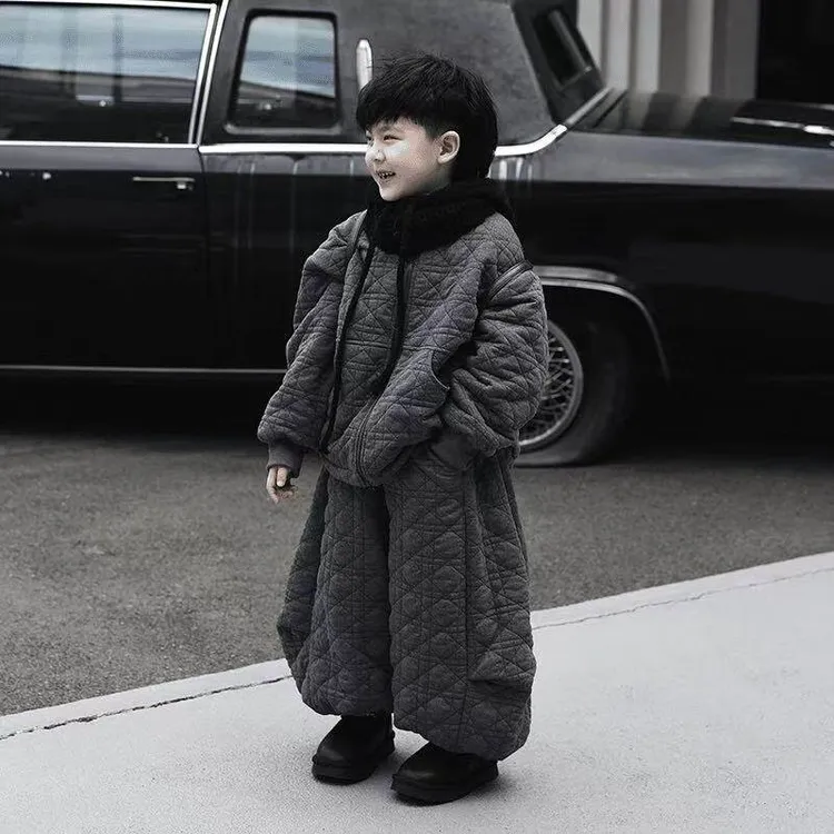 Bala巴拉童年男童双层保暖套装复古风菱格纹棉服秋冬加厚加绒宽松