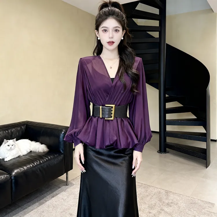网红新款时髦重工v领纯色宽松显瘦气质收腰长袖衬衫女285#