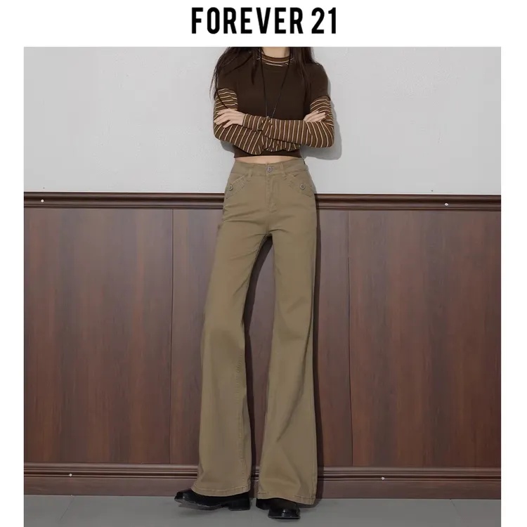 Forever 21美式卡其色翻盖口袋设计早春新款不贴腿直筒微喇牛仔裤