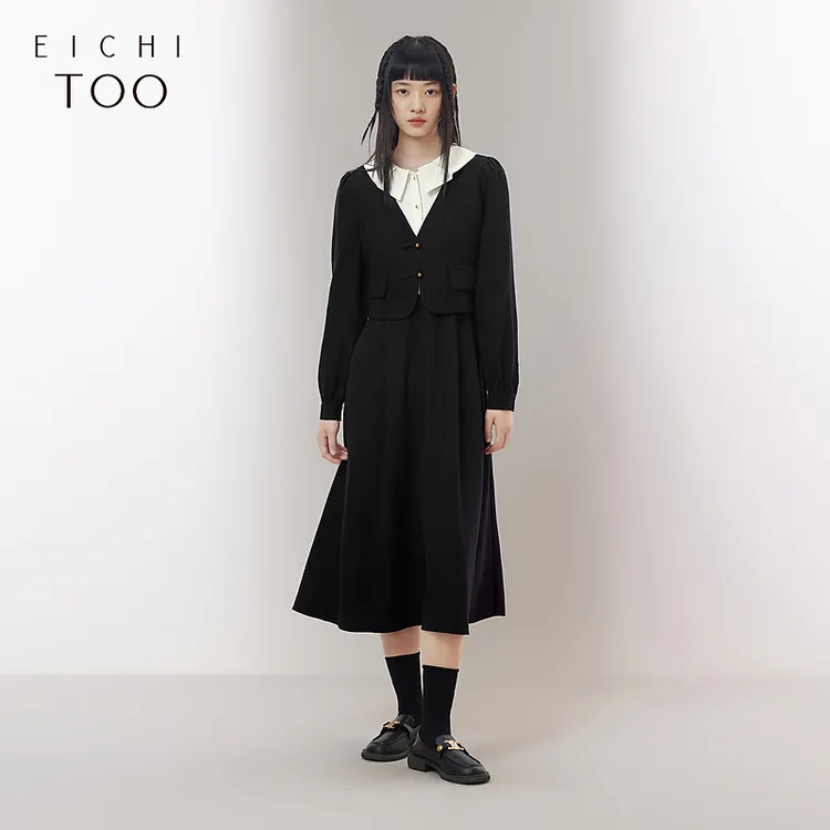 爱居兔女装秋季通勤风黑白撞色长袖假两件连衣裙EQLCJ3P002A