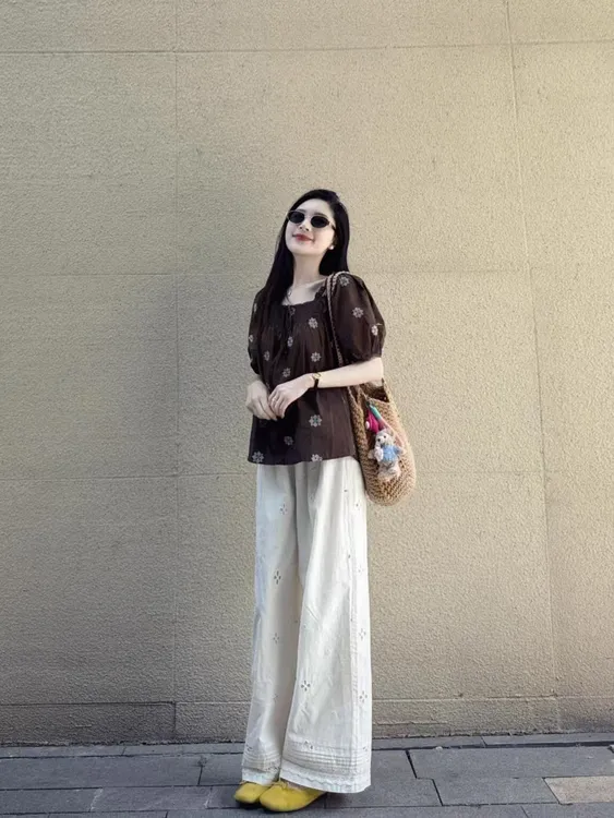 2025夏季新款法式泡泡短袖刺绣一字肩娃娃小衫气质老钱风阔腿裤