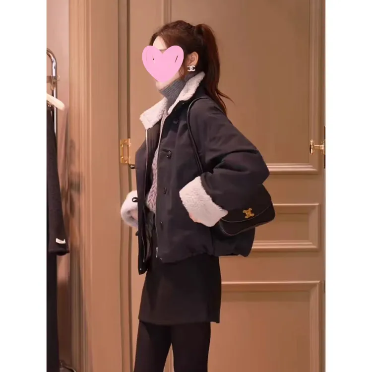 张元一同款女装高级感加厚羊羔毛翻领外套冬季款韩系气质保暖上衣