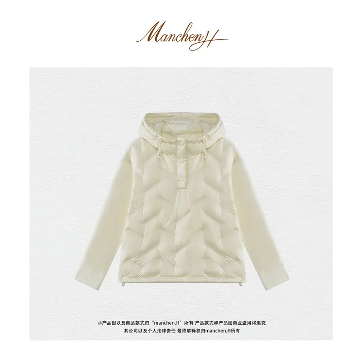 曼辰manchenh"环游冰岛"羊绒羊毛针织呢拼接白鹅绒连帽套头上衣