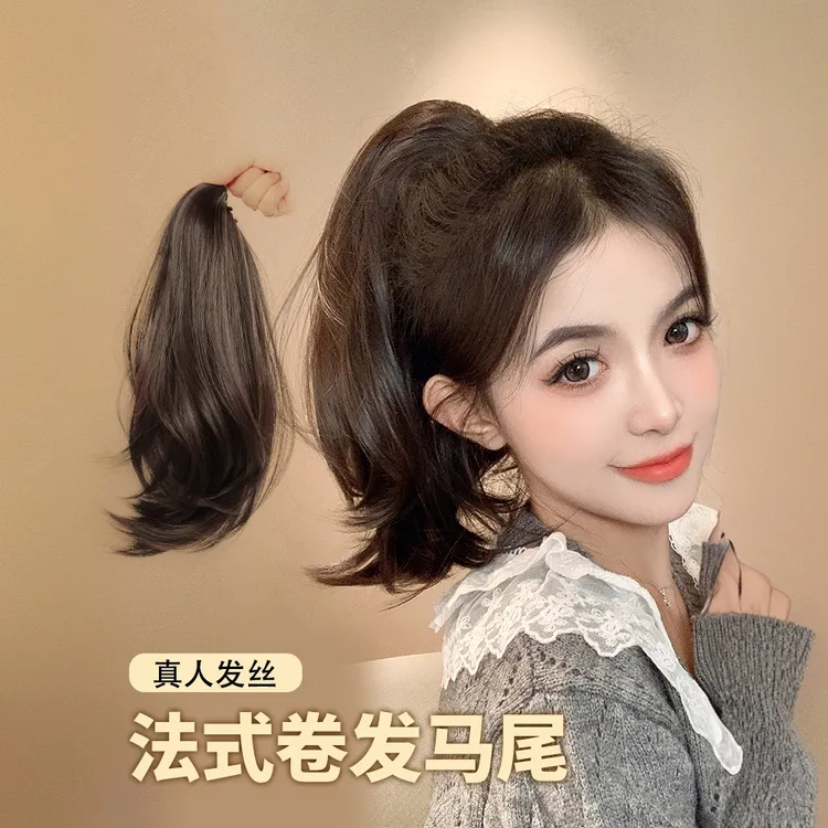 真人发丝抓夹式长款高马尾假发女卷发假辫子网红微卷马尾辫假发尾