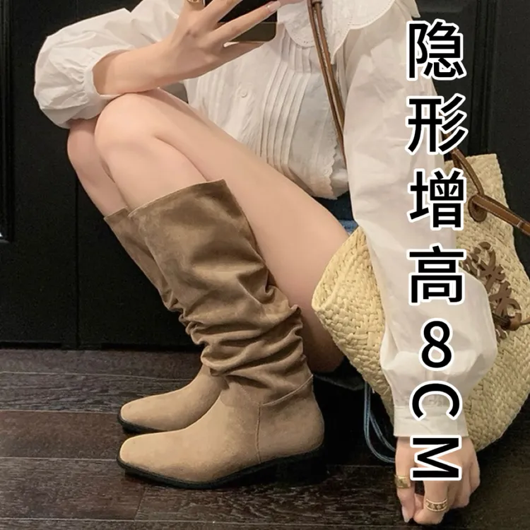 粗腿内增高堆堆长筒靴女秋冬复古绒面粗跟新款网红长靴小个子高跟