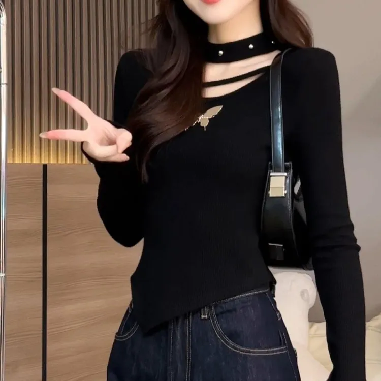 不规则长袖打底衫恤女春秋冬季显瘦大码设计感小香风法式上衣女