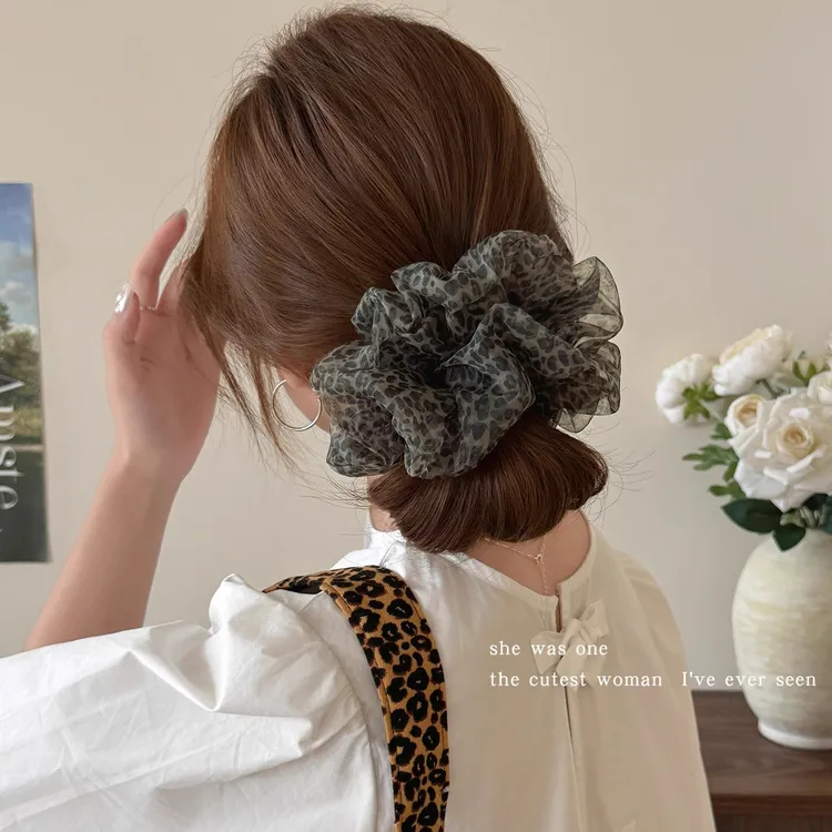 韩系气质豹纹网纱大肠发圈女后脑勺扎头发绳低马尾头绳橡皮筋发饰