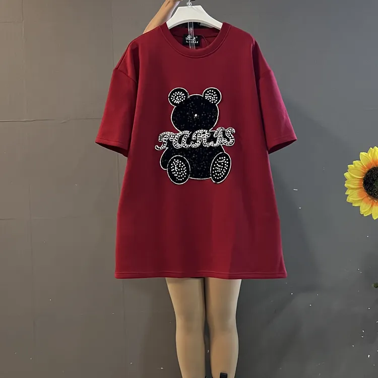 新款时尚法式重工卡通小熊圆领宽松遮肚洋气T 恤半袖