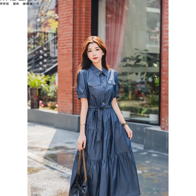 GIRDEAR/哥弟春夏新款复古小众收腰短袖翻领连衣裙-附腰带 150001