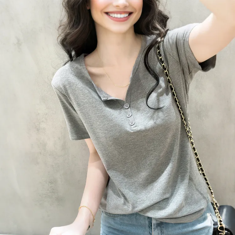 2026夏季款半开领短款正肩T恤女V领螺纹棉百搭显瘦小个子短袖上衣