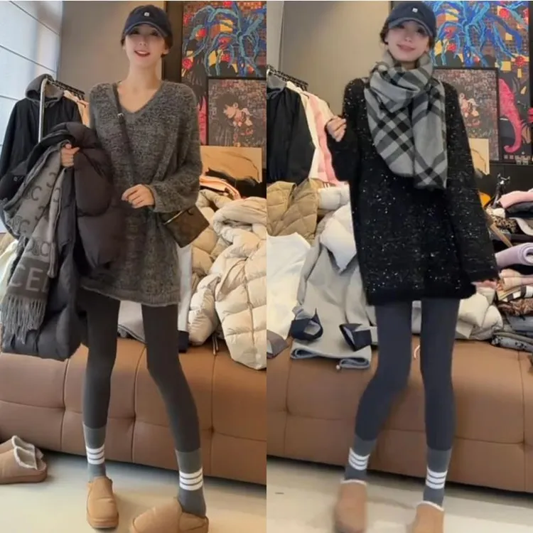 中长款亮片V领针织衫女冬季宽松慵懒风毛衣内搭遮屁股打底衫上衣