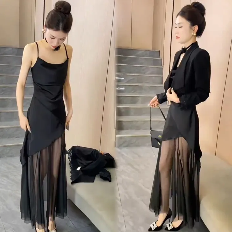 高级感时尚气质长袖西服短外套吊带长款过膝拼接连衣裙两件套夏季