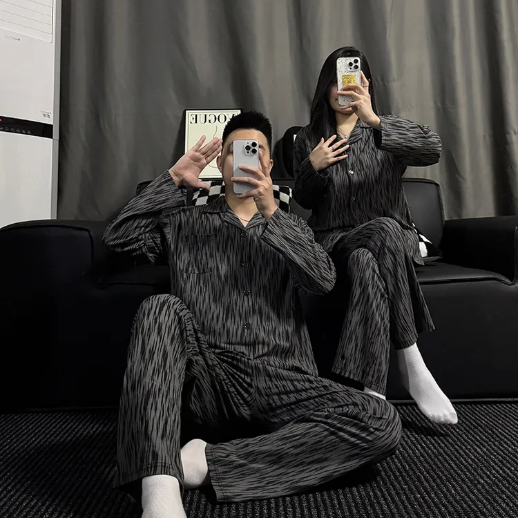 情侣睡衣女春秋纯棉长袖黑色一男一女高级感家居服全棉套装男士