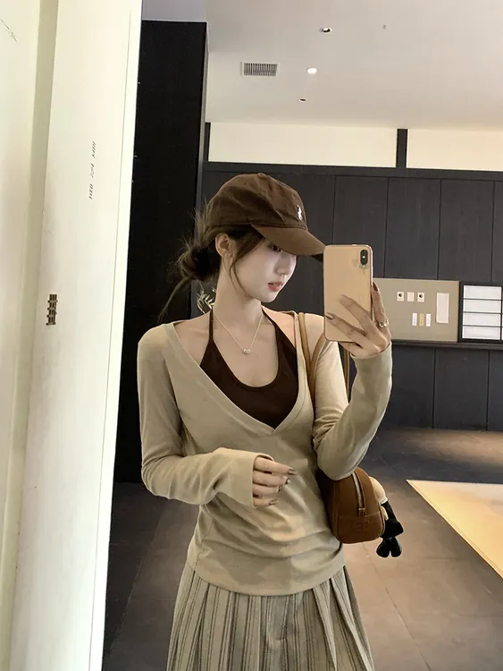 乌77美式复古v领套装女修身显瘦打底罩衫挂脖系带叠穿吊带两件套