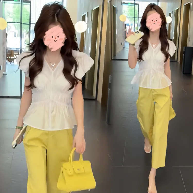 夏季新款2025高腰显瘦休闲裤百搭直筒阔腿九分裤褶皱收腰V领小衫